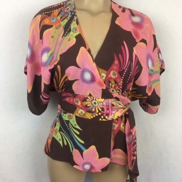 Tibi Pink & Brown Dark Floral Tropical Print Short Sleeve Wrap Front Top XS - Picture 3 of 7